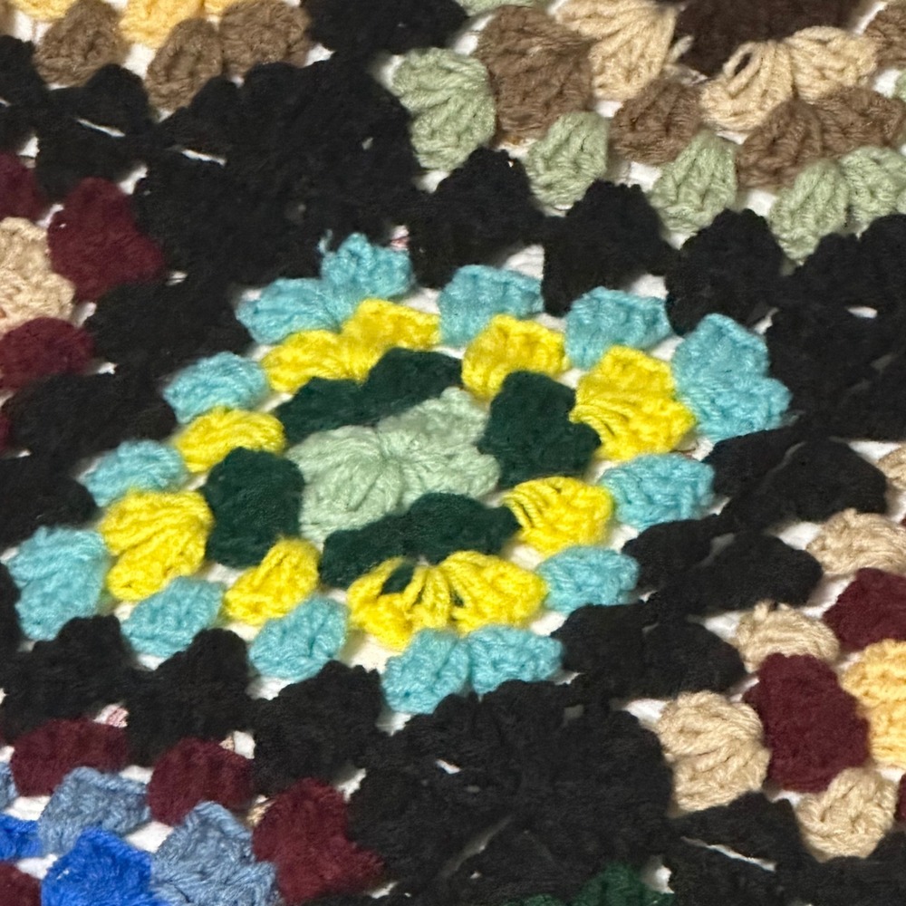 Handmade Crochet Granny Square Afghan Black Multicolor Throw 63x54